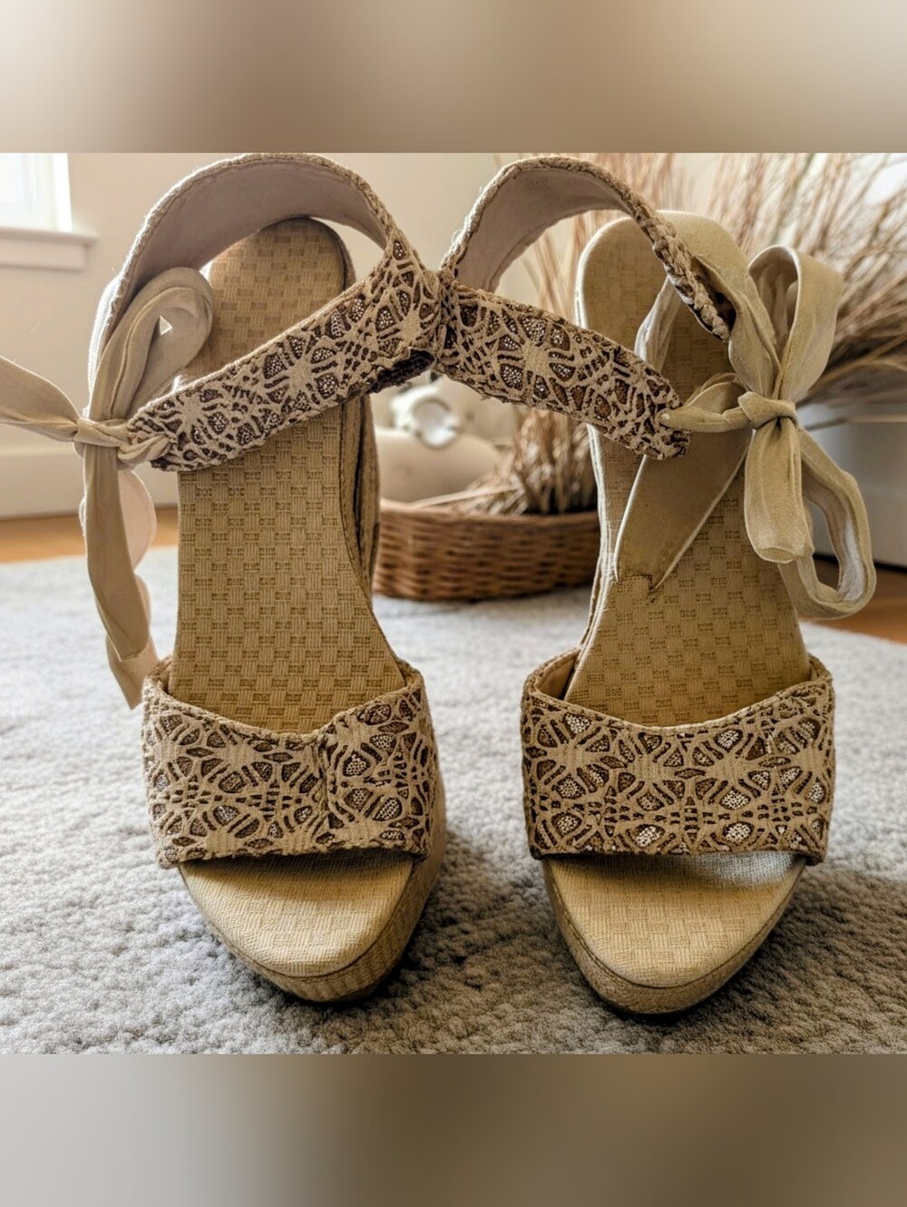 Lace Platform Wedge Espadrilles with Ribbon Ankle Tie Sandals - Beige. Size 40